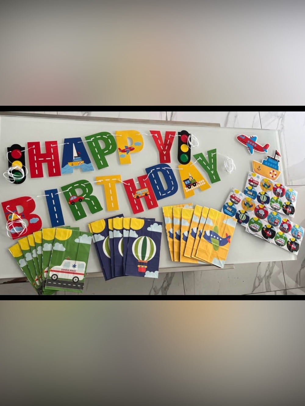 Colorful Transportation Happy Birthday Banner and Party Kit - Multicolor